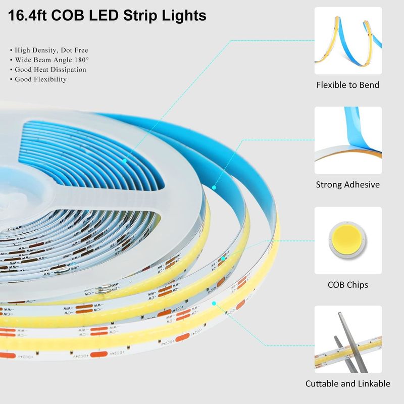COB چراغ های نوار LED CCT (2700K-6500K قابل تنظیم) 2M 560LEDs / m CRI90 کیت نور نوار LED با بسته بندی جعبه نوار LED برای خانه