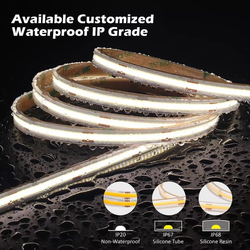12 ولت 24 ولت ضد آب IP65 IP67 IP68 CRI90 5M انعطاف پذیر COB LED Strip برای فضای باز داخلی