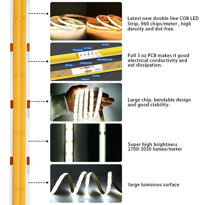10m / رول خطوط دوگانه 600leds 12v 24v Ra80 12mm انعطاف پذیر COB LED لامپ نوار انعطاف پذیر